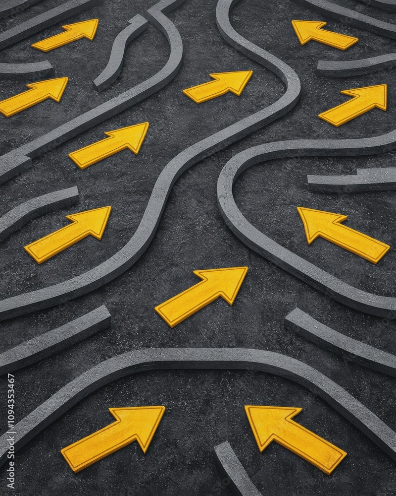 Poster a winding path with yellow arrows guiding direction on a textured surface.