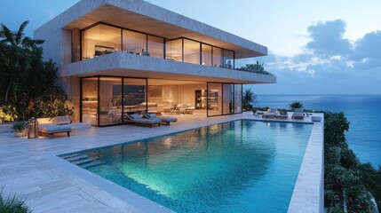 Fototapeta premium Modern villa with a pool overlooking the ocean at twilight, showcasing luxury and relaxation.