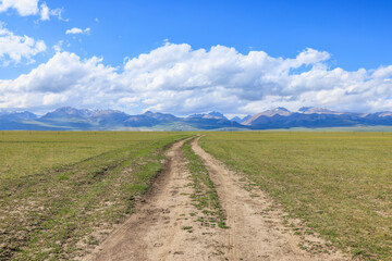 Country dirt road and green grassland with mountains nature landscape in Xinjiang. Outdoor natural background.