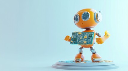 A cheerful robot holding a circuit board, symbolizing technology and innovation.