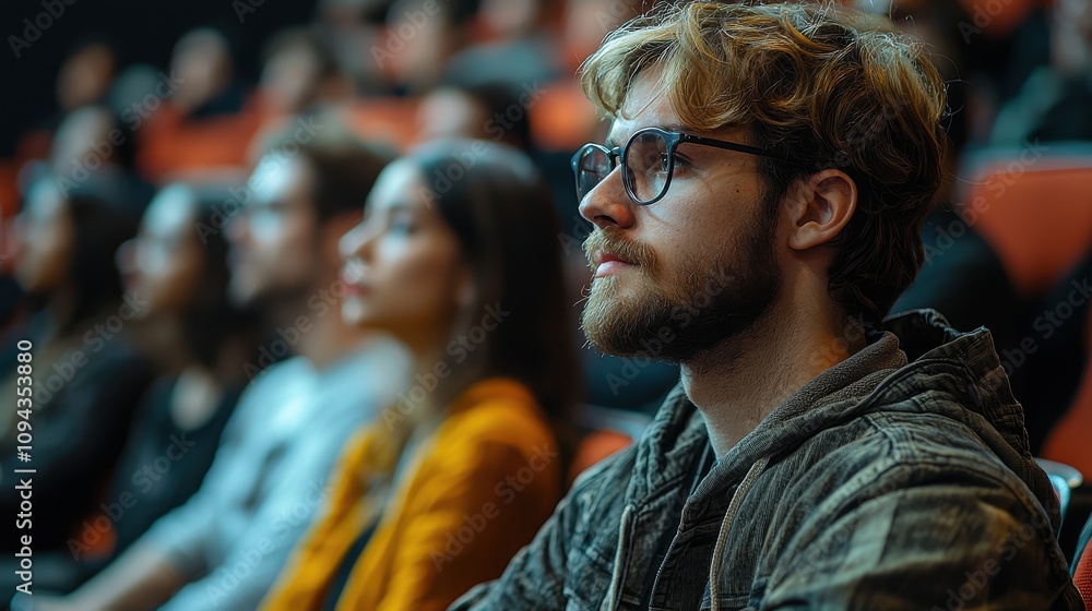 Poster audience engaged in a lecture at a university auditorium during daytime in a vibrant academic enviro