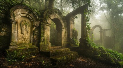Fototapeta premium Ancient Mossy Arches and Stone Carvings in a Misty Forest Setting