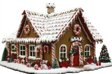 Christmas gingerbread house adorned with candy and icing, set in snowy scene with festive holiday trees.