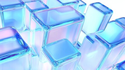 Abstract Blue Cubes and Rectangles in 3D Grid Formation with Translucent Effects