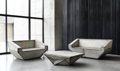 Modern concrete furniture set in a minimalist interior space.