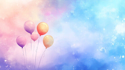 Festive pastel gradient background transitioning from light blue to lavender, featuring colorful balloons for birthday celebration