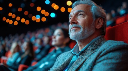 Attendees enjoying a performance in a theater with vibrant lighting and engaging ambiance