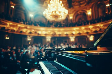 Obraz premium Elegant Grand Piano Center Stage in Luxurious Concert Hall with Blurred Audience Background
