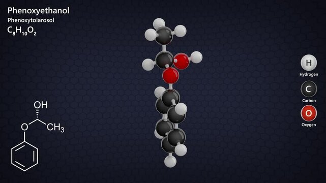 Phenoxyethanol. Animated 3D model of a molecule. Molecular formula: C8H10O2. Chemical model: Ball and sticks. Dark background. 3D rendering. Seamless loop.