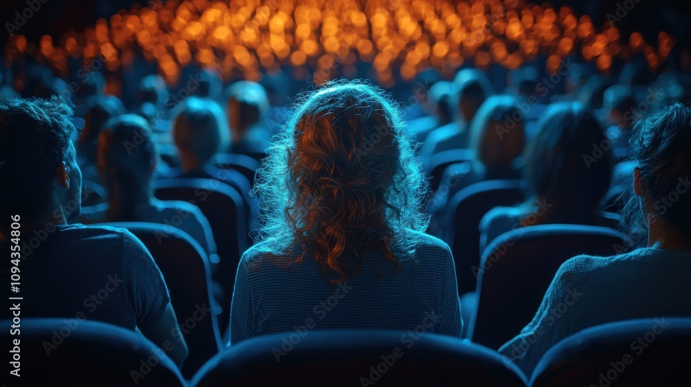 Poster audience watches a performance in a theater with ambient lighting and a focus on the stage setting
