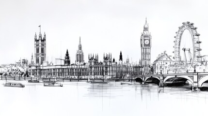 Fototapeta premium Black and White Pencil Sketch of London's Iconic Landmarks in Elegant Monochrome Skyline Illustration