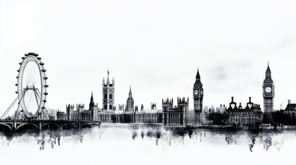 Fototapeta premium London Cityscape Silhouette: Monochrome Pencil Drawing of Iconic Landmarks in Famous City, Creative Art Design