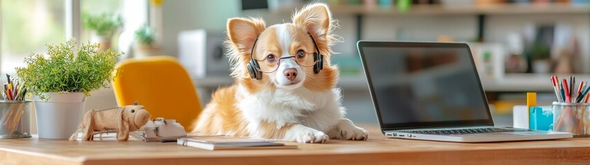 Adorable Dog Sitting at a Desk in a Cozy Home Office Setting for Pet Lovers and Animal Enthusiasts