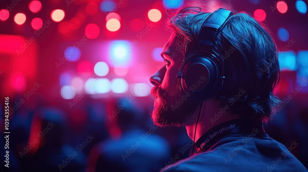 Poster music enthusiast enjoys an electrifying live performance in a vibrant venue filled with lights and s