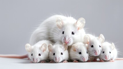 Obraz premium White Mice. Closeup of Albino Mother Mouse with Pups on Isolated Background