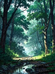 Tranquil Forest Path with Sunlight and Creek in Lush Greenery. Anime Landscape Illustration.