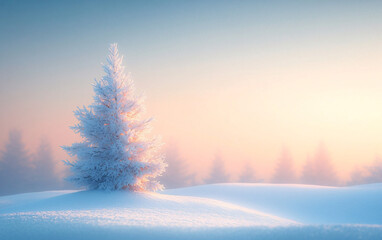 A serene winter landscape featuring a majestic evergreen tree adorned with frost, perfect for holiday cards, winter events, and nature-themed designs.