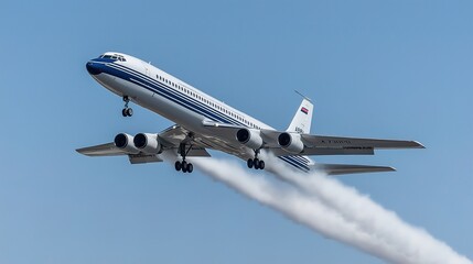 Fototapeta premium Aircraft rapidly breaking the sound barrier, creating a visible shockwave in the sky, symbolizing the pursuit of speed and technological advancement.