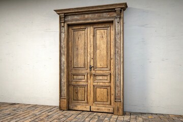 Fototapeta premium Vintage wooden door with worn surface, brown stains, weathered wood, distressed finishes, vintage decor