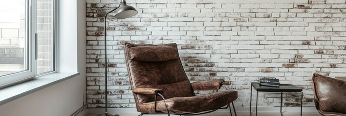 A cozy seating area featuring a stylish chair and lamp against a textured brick wall.