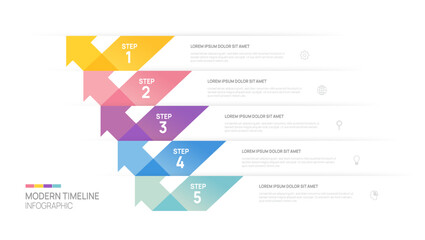 Five steps or five stages to success. Business elements are laid out in layers. Vector infographic template.