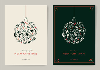 Set of Christmas Corporate Holiday cards with floral berry ornate frames. Universal artistic template, vector illustration
