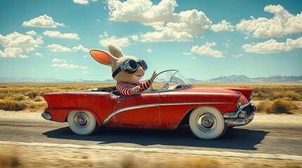 Easter Bunny Drives Vintage Convertible on Desert Road