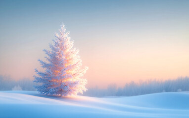 A serene winter landscape featuring a snow-covered evergreen tree, perfect for holiday greetings, winter promotions, or postcard designs.