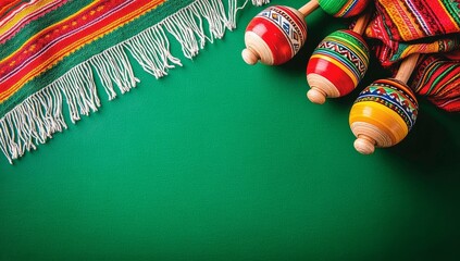 Cinco de Mayo Background with Colorful Maracas and Woven Mexican Blanket on Green