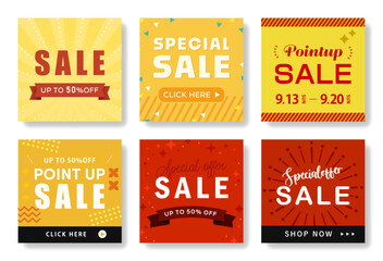 ポップなセールバナー セット ( ベクター 正方形 販売促進 webショップ カード 背景素材 買物 )