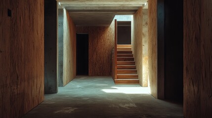 Fototapeta premium A modern interior space with wooden walls and a staircase, emphasizing minimalist design.