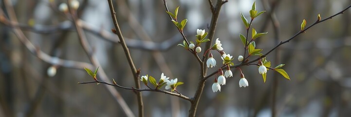 Fototapeta premium A young tree with a few white flowers and leaves emerging from winter sleep, budding trees, growth cycle, spring growth