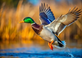 Fototapeta premium Stunning Male Mallard Duck in Flight Capturing Nature's Beauty with Vibrant Colors and Graceful Movement