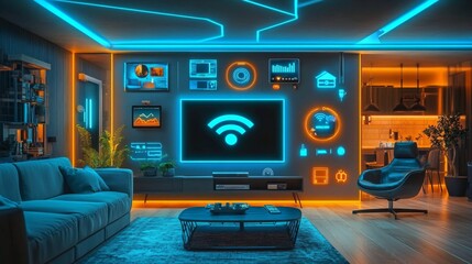 Fototapeta premium Ultra-Modern Smart Home Living Room with Digital Icons for a Seamless Futuristic Lifestyle