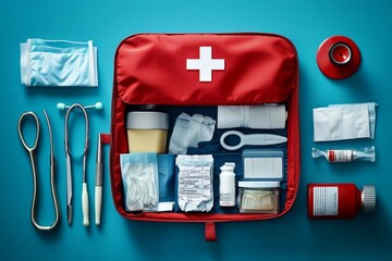 Red First Aid Kit Open with Medical Supplies Bandages Scissors Tweezers Stethoscope First Aid Manual Antiseptic