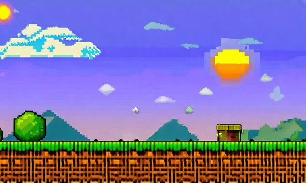 Pixelated 2D video game landscape with floating clouds, pixel sun, and vibrant terrain elements