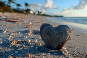 Fototapeta premium Heart-Shaped Sand Sculpture on Tropical Beach at Sunset for Summer Romance and Travel