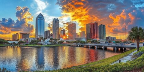 Downtown Tampa Skyline Reflection in River at Sunset - Modern skyscrapers reflecting in calm waters create panoramic cityscape view.