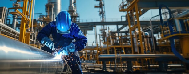 Male worker welding metal pipe in an industrial refinery setting, sparks flying.