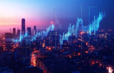 Fototapeta premium Futuristic Cityscape with Financial Data Overlay for Trade and Investment Analysis