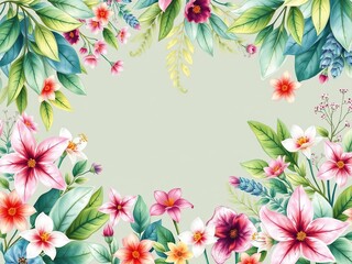 Watercolor floral pattern featuring lush foliage and vibrant flowers, , watercolor art
