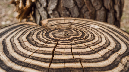 Close-up of hickory tree cut surface showcasing detailed growth rings, rich textures, and natural patterns, ideal for woodworking, nature themes, or rustic design elements. 