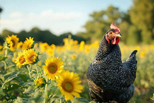 Chicken in a Field of Sunflowers