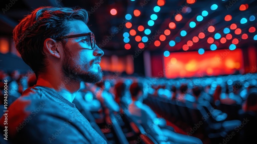 Poster man in glasses sits focused in a crowd during a colorful event at a large venue in the evening