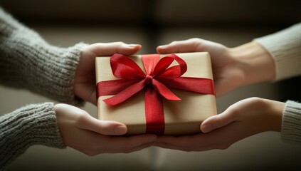 Two people are holding a brown box with a red ribbon