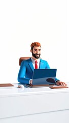 3D Businessman Sitting at a Desk Typing on a Laptop