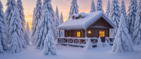 A log cabin in the woods with snow on the roof and windows