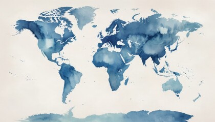 Watercolor illustration features a detailed map of the world, symbolizing peace and harmony among diverse cultures, with calming blue palette evokes a sense of tranquility and hope