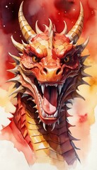 Illustration of a fierce dragon celebrating Chinese New Year with vibrant colors and dynamic expressions capturing the festive spirit