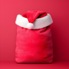 Red Santa Hat on Christmas Bag against Pink Background